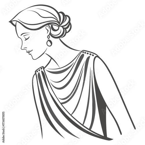 Elegant black and white line art illustration of a woman with her hair in a bun wearing a draped toga style dress