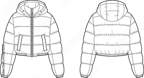 Puffer jacket flat sketch, quilted winter coat illustration, hooded outerwear design, fashion drawing template, padded jacket blueprint, apparel construction vector, clothing design