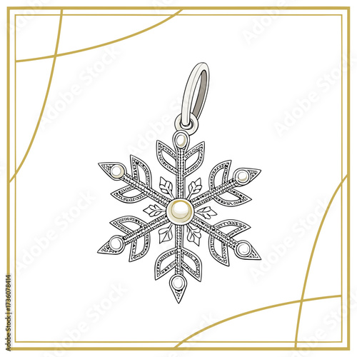 Elegant snowflake pendant with pearls and intricate detailing suspended from a bail set against a white background with decorative gold lines
