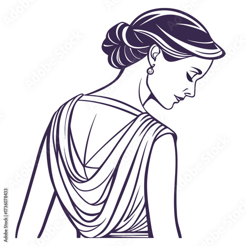 Elegant woman with her head bowed wearing a draped gown and a classic updo hairstyle