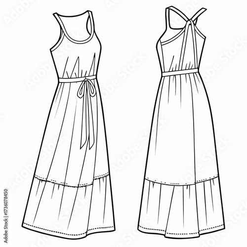 Fashion illustration of a long sleeveless maxi dress with a tie waist and tiered ruffled hem shown from front and back views