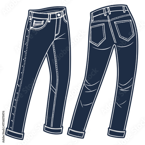 Front and back view of dark blue denim jeans with cuffed hems and decorative side buttons on one leg