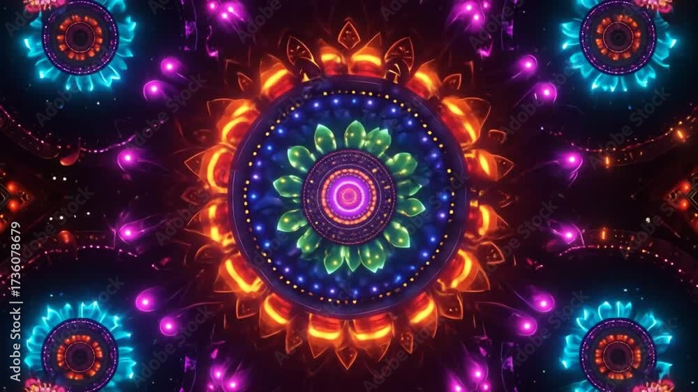 Vibrant kaleidoscopic pattern in seamless motion, featuring intricate floral designs and glowing