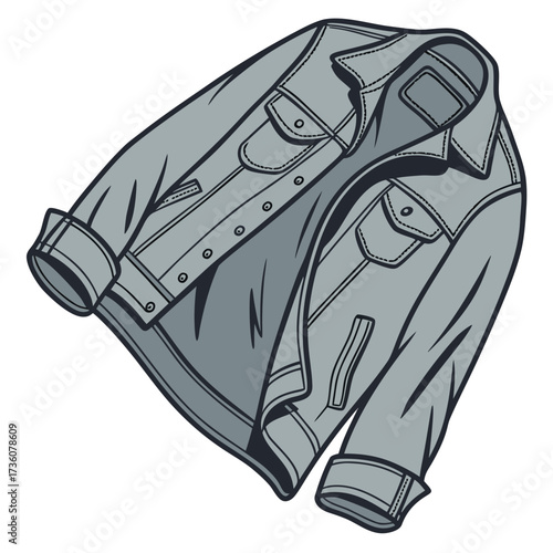 Stylish gray denim jacket with folded sleeves and buttoned pockets isolated on white background