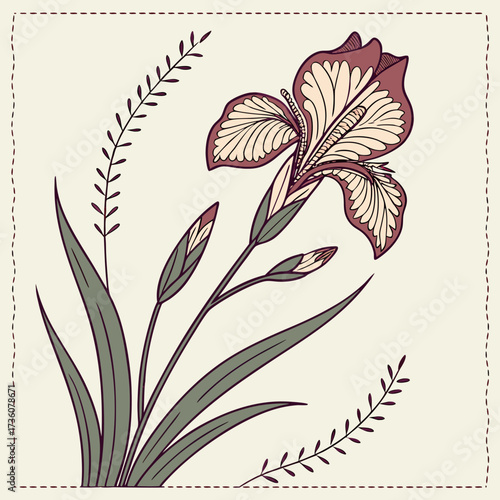 Stylized illustration of a blooming iris flower with buds and leaves on a cream background with dashed border