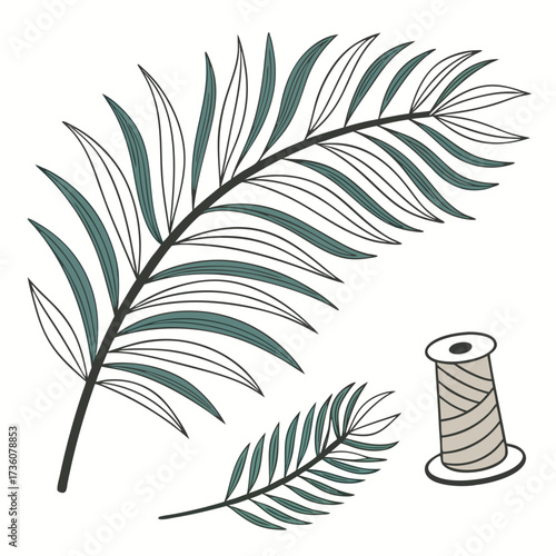 Two stylized palm fronds in teal and black with a spool of thread on a white background