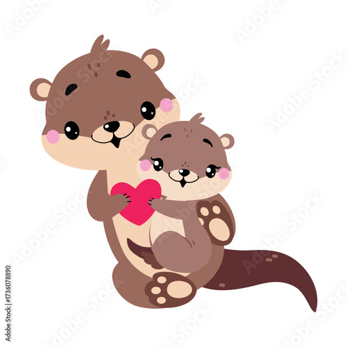 Cute Otter Animal Character with Baby Vector Illustration
