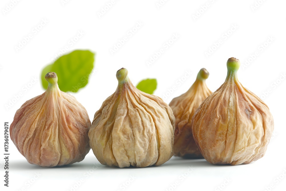 Obraz premium Dried figs with green leaves on a light background for healthy food themes and cooking inspiration