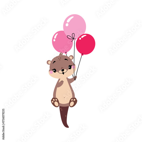 Cute Otter Animal Character with Pink Balloon Vector Illustration