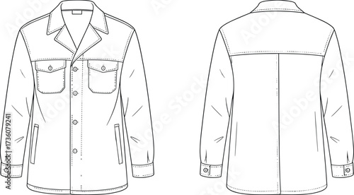 Jacket flat sketch, technical fashion illustration, front and back view, notched collar design, button closure, chest pockets, garment construction, apparel reference