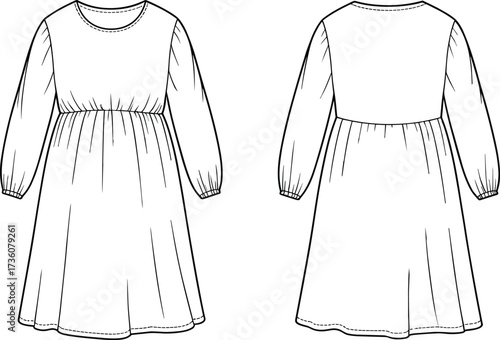 Long sleeve dress flat sketch, fashion technical illustration, front and back view, gathered waistline, puff sleeve design, flared skirt garment reference
