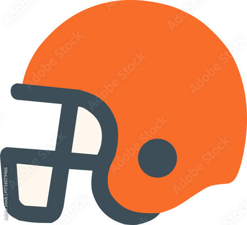 Flat style illustration of an American football helmet in orange color, symbolizing sports, protection, safety gear, and team competition.