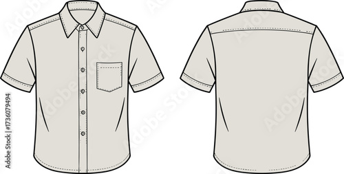 Short sleeve shirt flat sketch, fashion technical illustration, front and back view, button up design, chest pocket, apparel garment construction reference