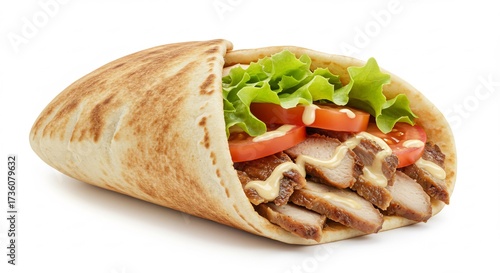 明るいスタジオライトに照らされ香ばしいチキンと新鮮野菜がたっぷりの食欲そそるチキンピタサンドクローズアップ. AI Generated