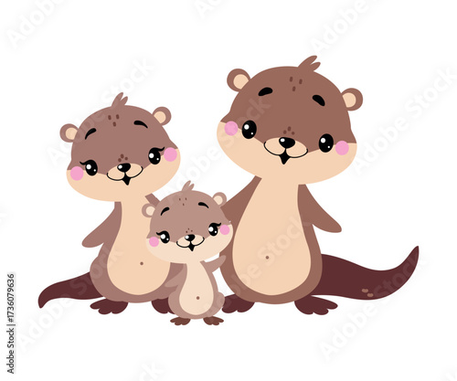 Cute Otter Animal Character with Baby Vector Illustration