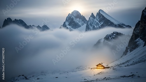 A lone cabin glows warmly amidst a sea of fog below towering, snow-capped mountain peaks at sunrise.