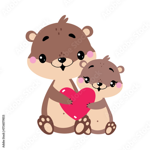 Cute Otter Animal Character with Baby Vector Illustration