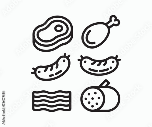 A collection of six black outline icons representing various meat products like steak, chicken, sausage, and bacon.