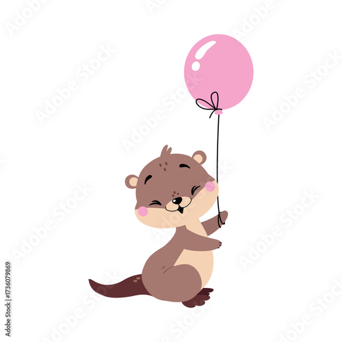Cute Otter Animal Character with Pink Balloon Vector Illustration