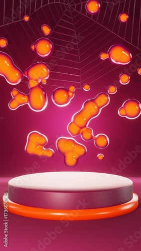 Vertical 3D Halloween minimalistic podium sale mockup advertisement poster backgrounds glowing sparse bubbles sphere spooky spider web render picture banner flags party festival cartoon nightmare