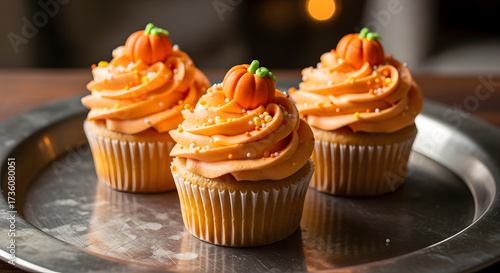 Cupcakes with creamy orange frosting, mini sugar paste pumpkins on top, served on a metal tray, warm lighting highlighting texture and vibrant colors.