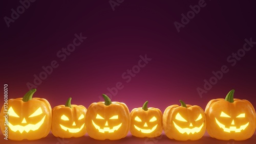 Horizontal 3D Halloween carved pumpkins Jack O’Lantern glowing candle light gleam flicker render picture party sale advertisement mockup backgrounds festival creepy horror spooky ghost cartoon banner