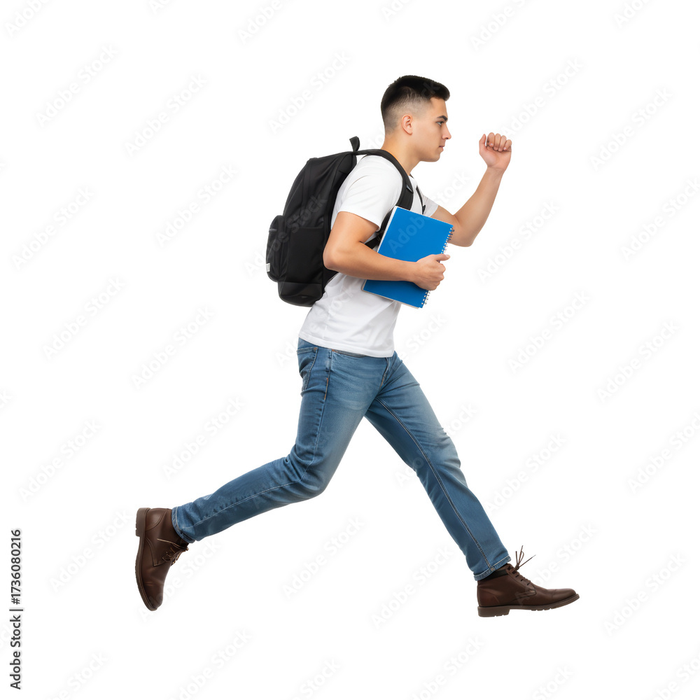 Fototapeta premium Dynamic student sprints forward with book against an isolated transparent background