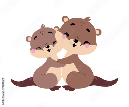 Cute Otter Animal Character with Baby Vector Illustration