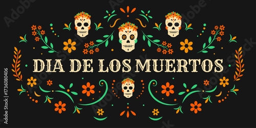 Vector "Día de los Muertos" illustration.Festive sugar skulls, flowers, and cempasuchil honors death. Orange, yellow, and green details celebrate Mexican holiday tradition and culture, Ispanico,Mexico