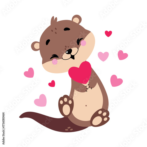 Cute Otter Animal Character with Pink Heart Vector Illustration