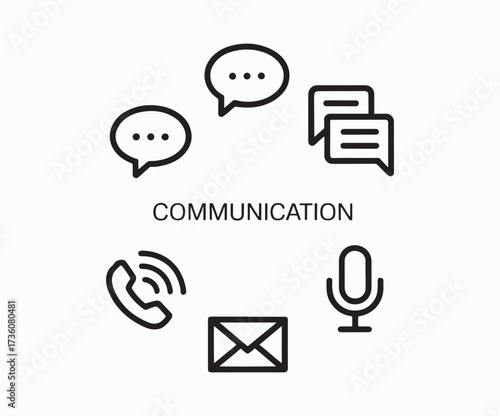 A circular arrangement of communication icons including speech bubbles, a phone, an envelope, and a microphone, centered around the word 'COMMUNICATION'.