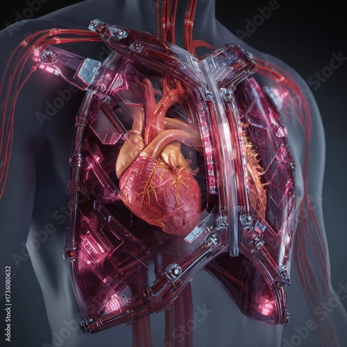 Anatomical 3D Rendering of Human Heart and Ribcage with Futuristic, Transparent Overlay.