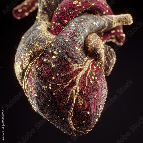 Anatomical Heart with Golden Veins and Sparkling Lights on Dark Background.