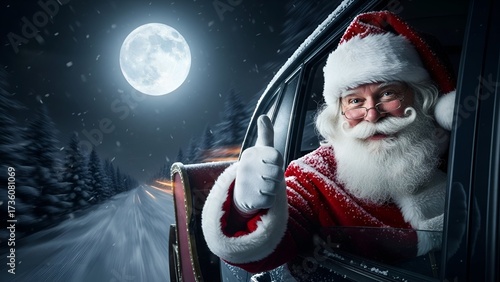 Santa Claus smiles and gives a thumbs up from his car, driving on a snowy road under a bright full moon.