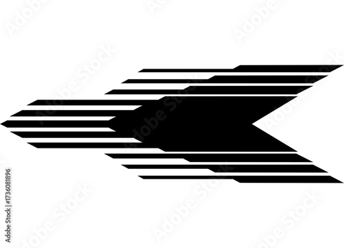 Sharp Vector arrow - pointer from black lines on a white background. Striped pattern on the body of a car, boat, sportswear, toy. Sports design element. Vector background. Racing. game. Place for text