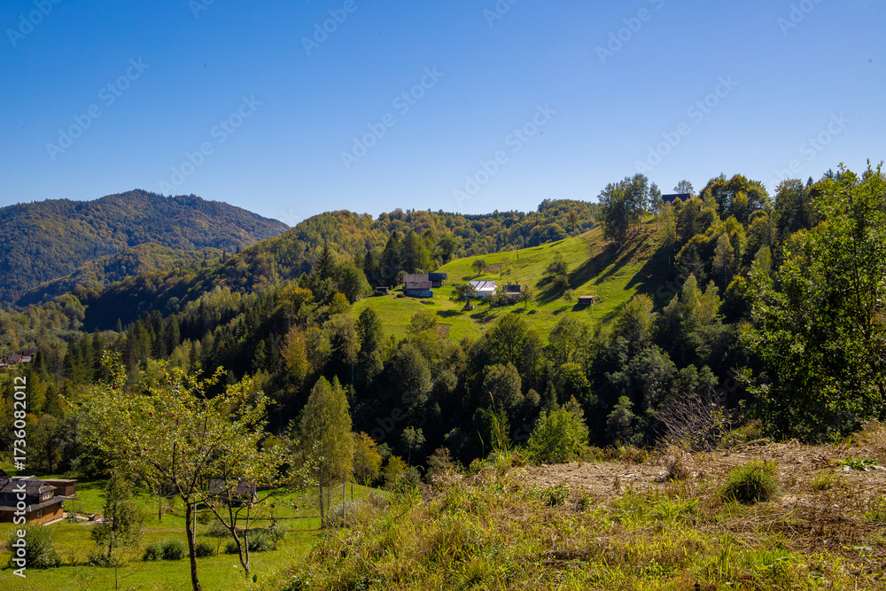 Obraz premium A green mountain landscape on a sunny day. Grassy hills and meadows of the Carpathian Mountains under a sky of glowing clouds.