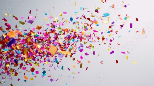 Vibrant pieces of colorful confetti float in the air, displaying a dynamic arrangement with bright pink, orange, blue, and yellow hues on a neutral, pale gray background.