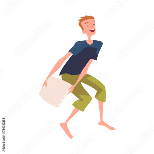 Pajama Party with Man Character Pillow Fight Vector Illustration