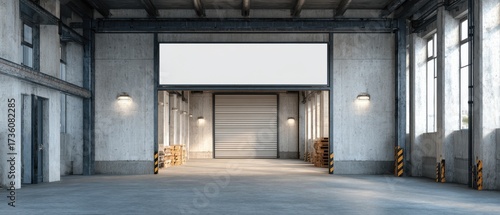Wallpaper Mural Modern Industrial Garage Interior with Concrete Walls and Large Roll-Up Door in Urban Setting Torontodigital.ca