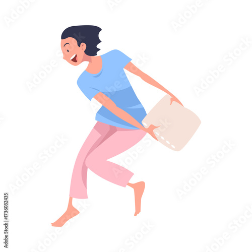 Pajama Party with Woman Character Pillow Fight Vector Illustration