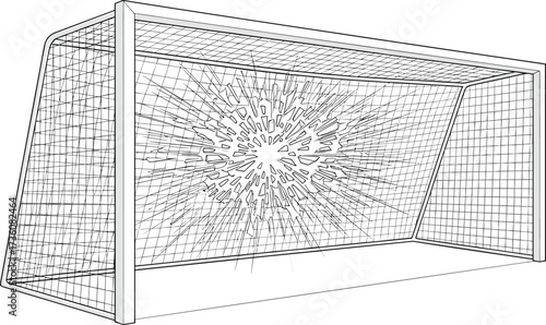 Soccer goal with a broken net, drawn illustration