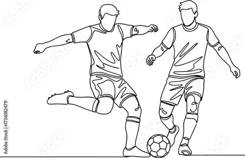 One line drawing of two soccer players competing for the ball