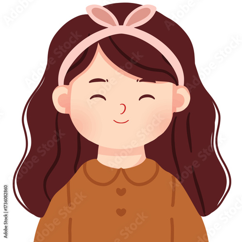 Cute Smiling Girl Illustration with Brown Hair and Headband