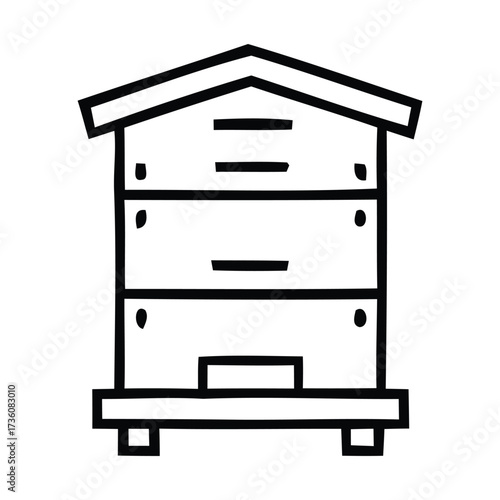 Black Outline Icon of a Beehive with Roof, insect, apiary, Vector illustration. 