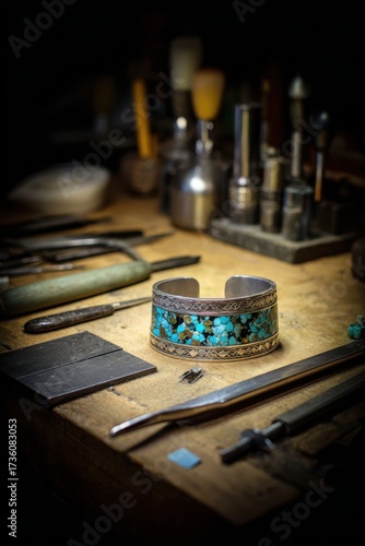 Close-Up View of Turquoise Inlay Silver Bracelet in Craftsman's Workshop with Tools