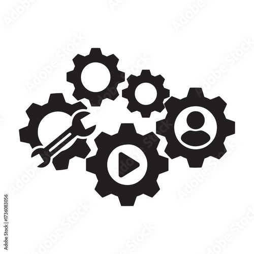 A black and white graphic of interconnected gears with icons representing tools, users, and media playback.