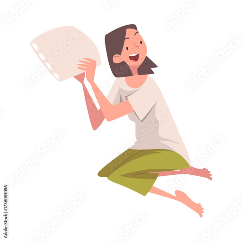 Pajama Party with Woman Character Pillow Fight Vector Illustration