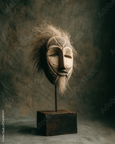 Traditional African Mask with Hair on Display Against a Textured Background