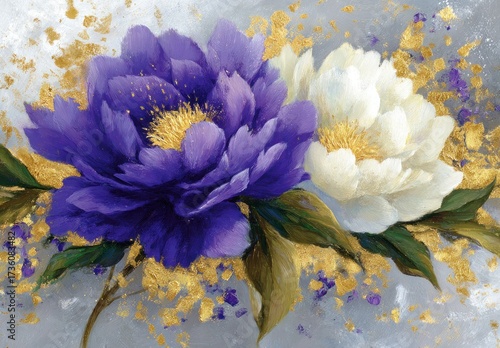 Two vibrant peonies, purple and white, bloom against a backdrop of textured silver and gold flecks, showcasing a rich and detailed floral design.