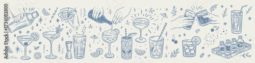 A Captivating Collection of Hand-Drawn Beverage Illustrations Featuring Various Cocktails, Mixology Tools, and Refreshing Drinks in a Stylish Blue Design